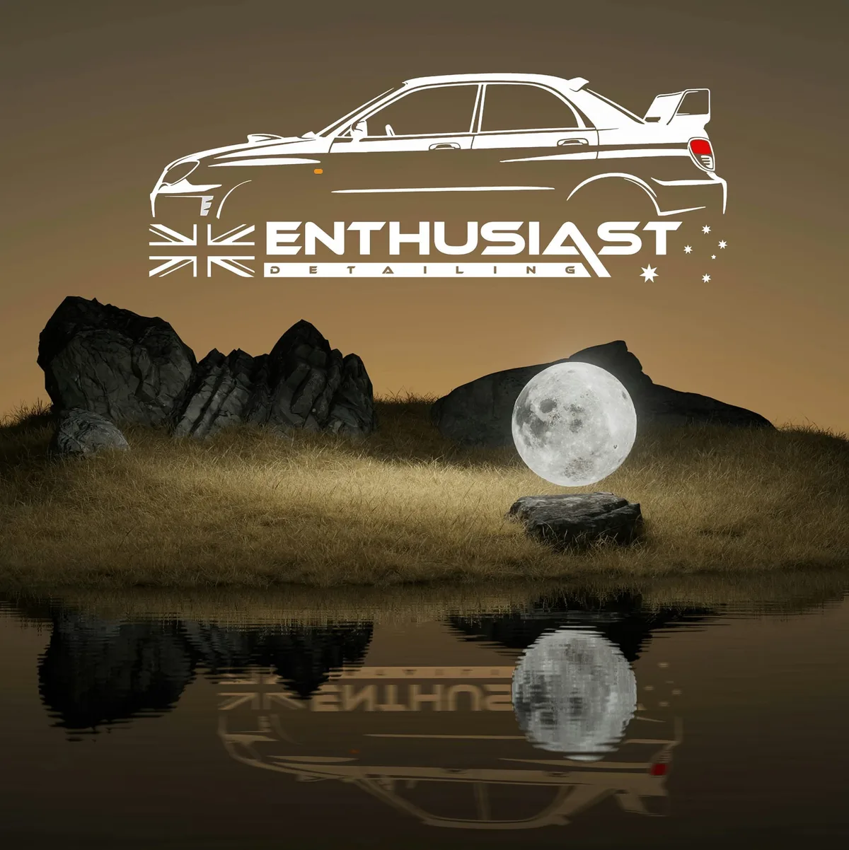Enthusiast Detailing logo with a moon reflected in water