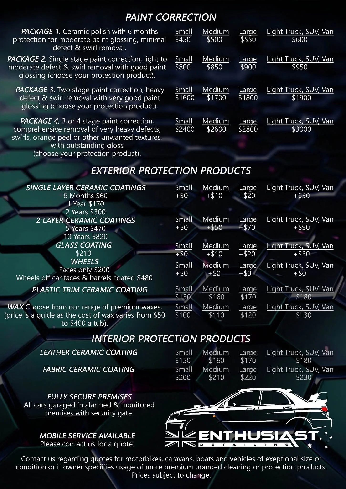 Price list page 2 — paint correction and protection