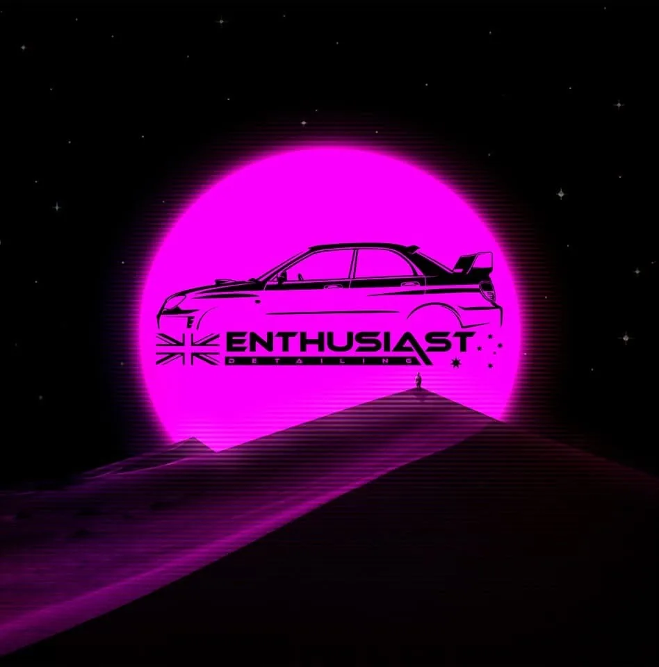 Enthusiast Detailing artwork — car silhouette against a pink sun